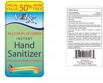 Image Of Label (Virx Instant Hand Sanitizer 12oz)